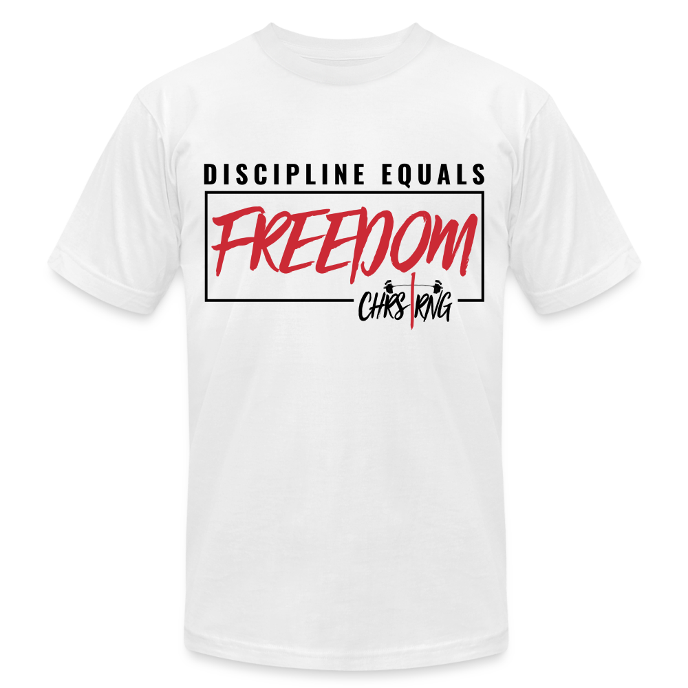 CHRSTRNG Discipline-Freedom Unisex Jersey T-Shirt by Bella + Canvas - white